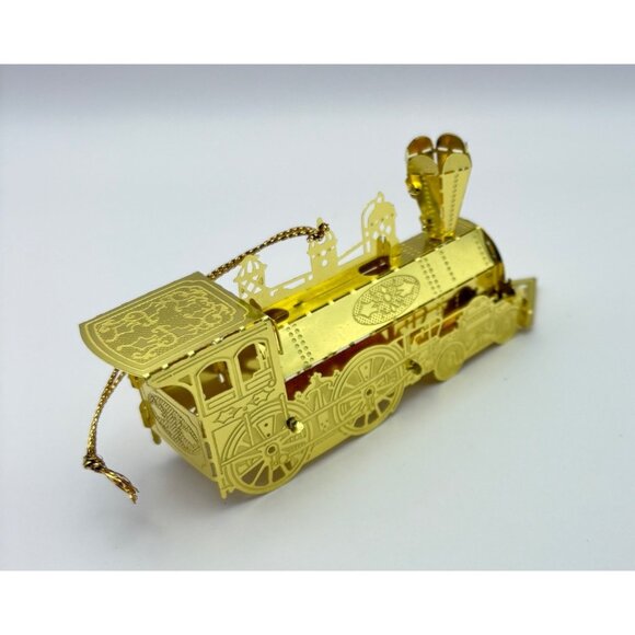 Vintage Train Christmas Ornament Gold Tone Locomotive Filagree Railfan - Picture 2 of 8